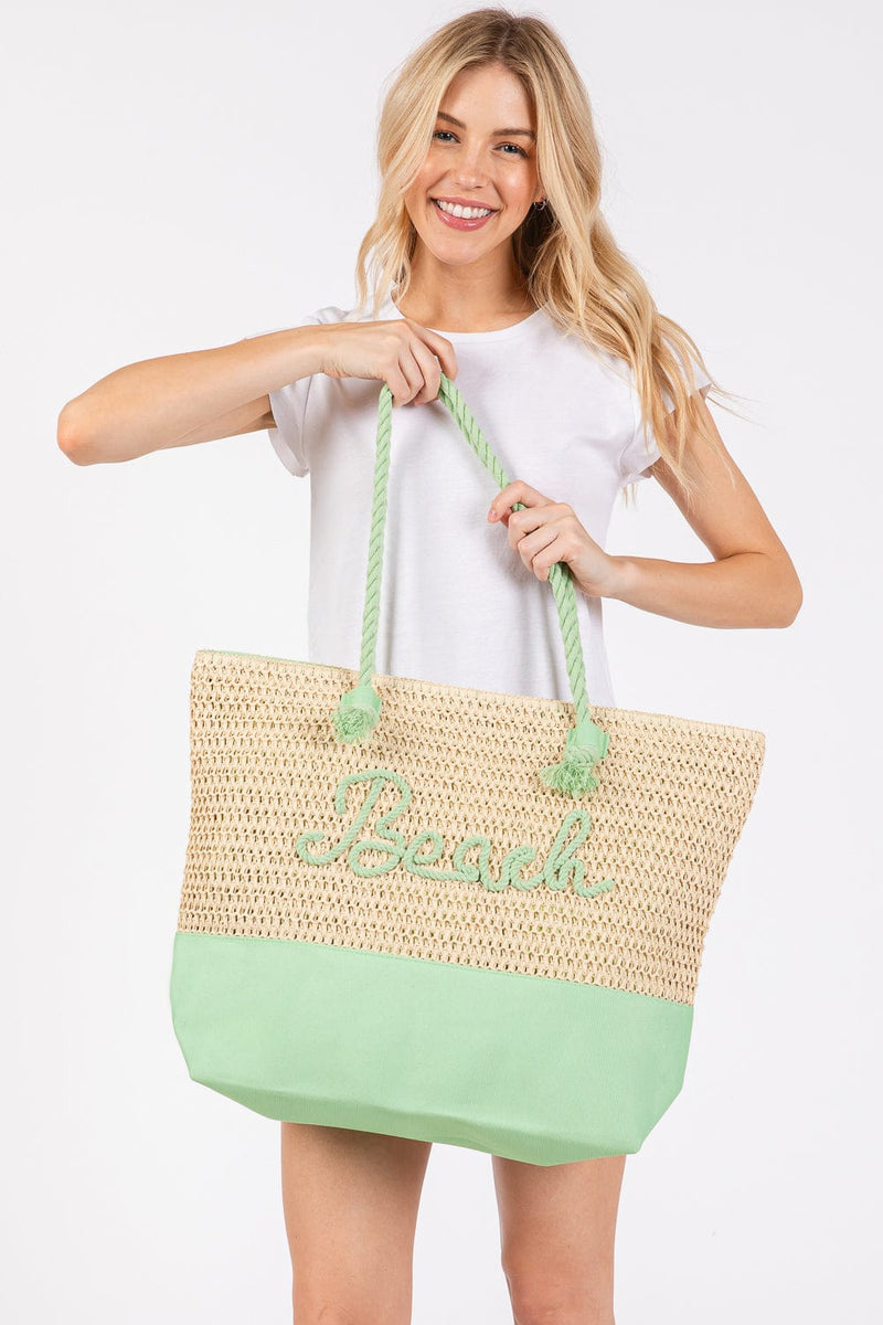 MB0266 Sewn Rope Beach Letter Color Straw Tote Bag - MiMi Wholesale