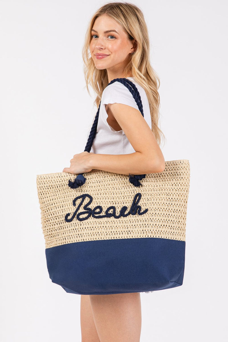 MB0266 Sewn Rope Beach Letter Color Straw Tote Bag - MiMi Wholesale