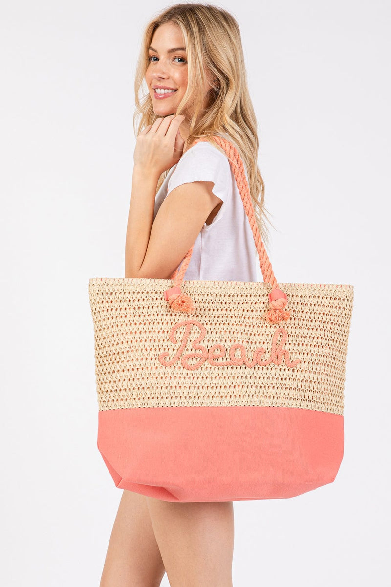 MB0266 Sewn Rope Beach Letter Color Straw Tote Bag - MiMi Wholesale