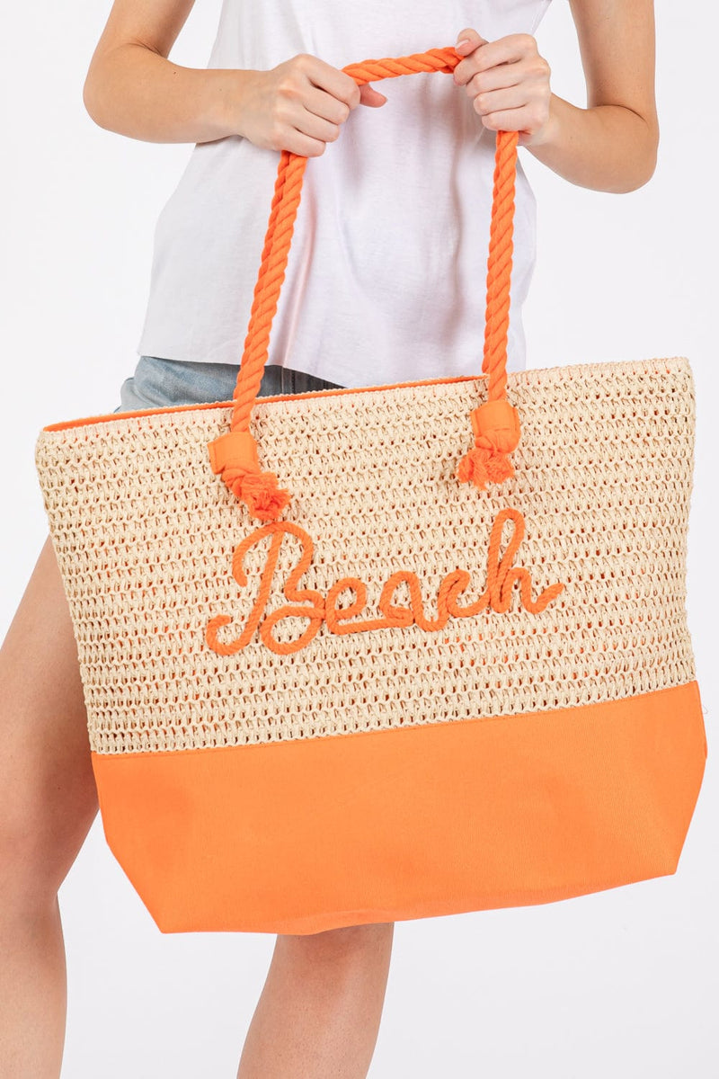 MB0266 Sewn Rope Beach Letter Color Straw Tote Bag - MiMi Wholesale