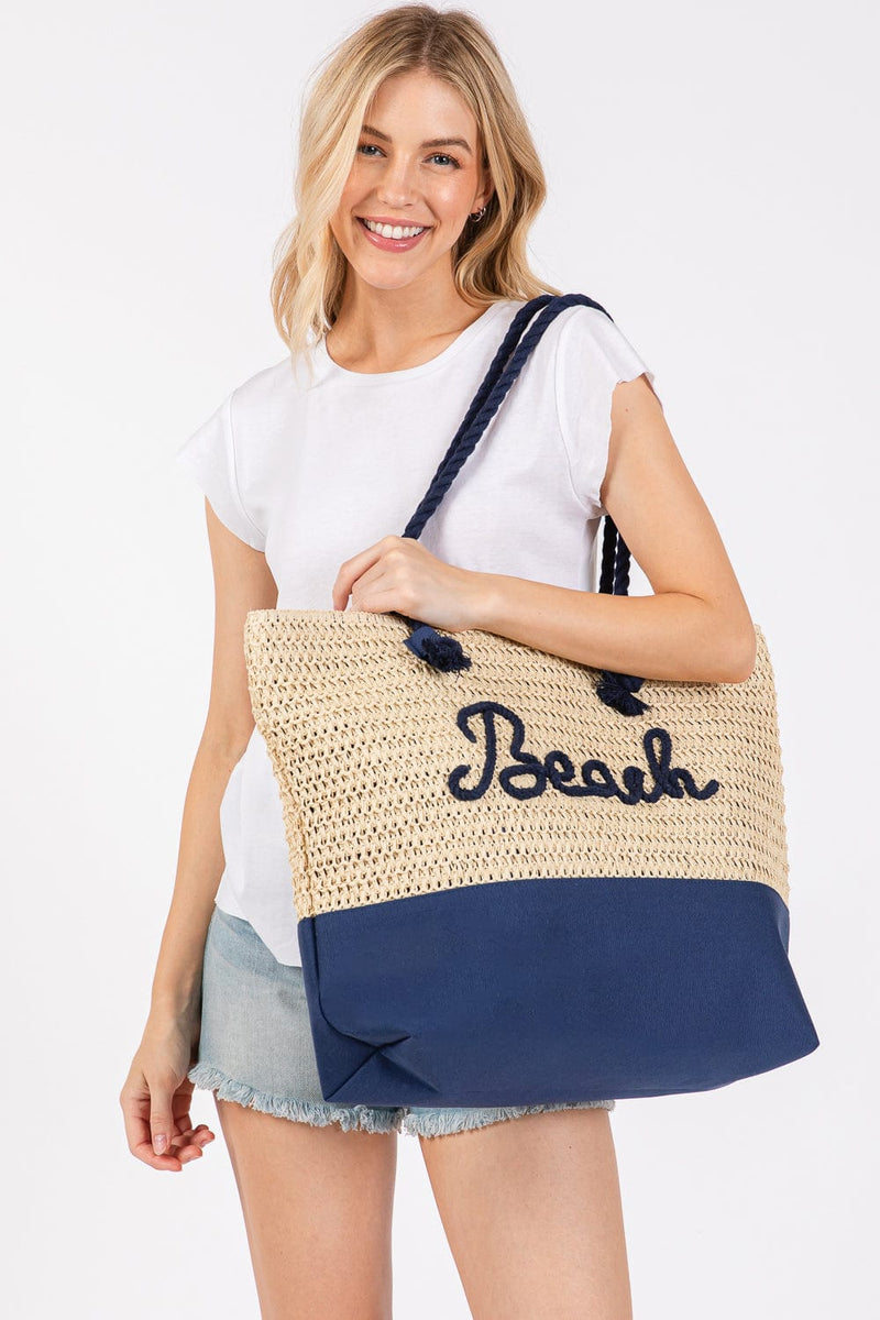 MB0266 Sewn Rope Beach Letter Color Straw Tote Bag - MiMi Wholesale