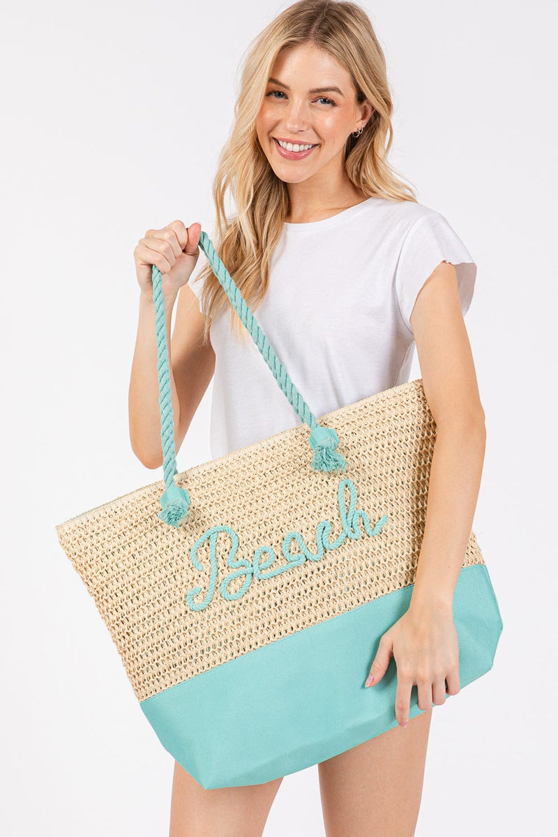 MB0266 Sewn Rope Beach Letter Color Straw Tote Bag - MiMi Wholesale