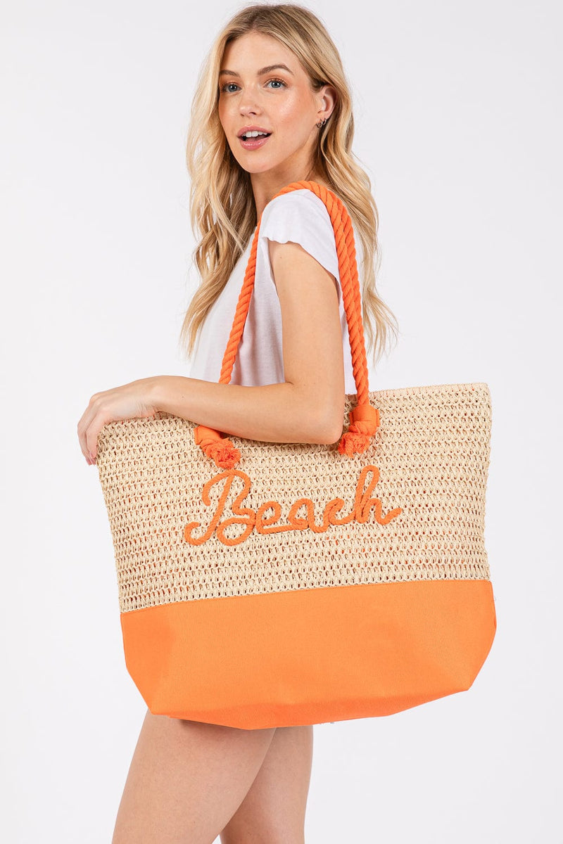 MB0266 Sewn Rope Beach Letter Color Straw Tote Bag - MiMi Wholesale