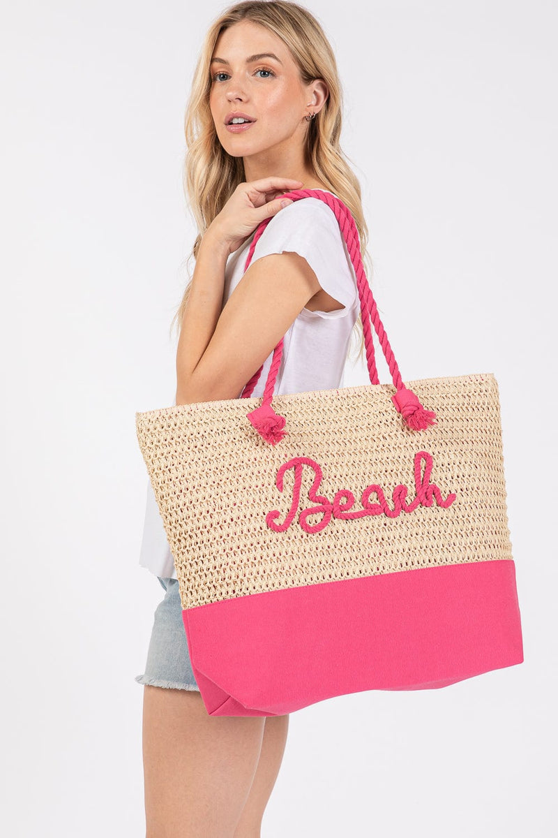 MB0266 Sewn Rope Beach Letter Color Straw Tote Bag - MiMi Wholesale