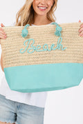 MB0266 Sewn Rope Beach Letter Color Straw Tote Bag - MiMi Wholesale