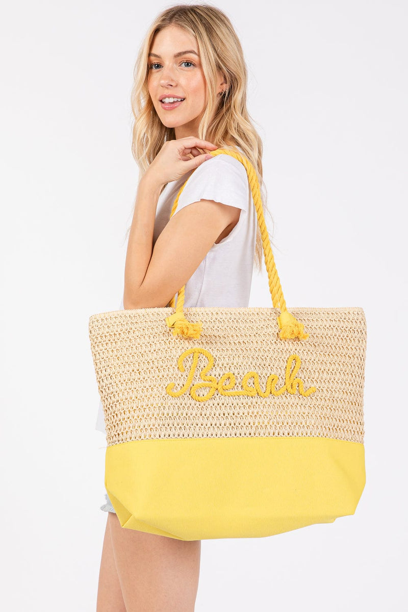 MB0266 Sewn Rope Beach Letter Color Straw Tote Bag - MiMi Wholesale