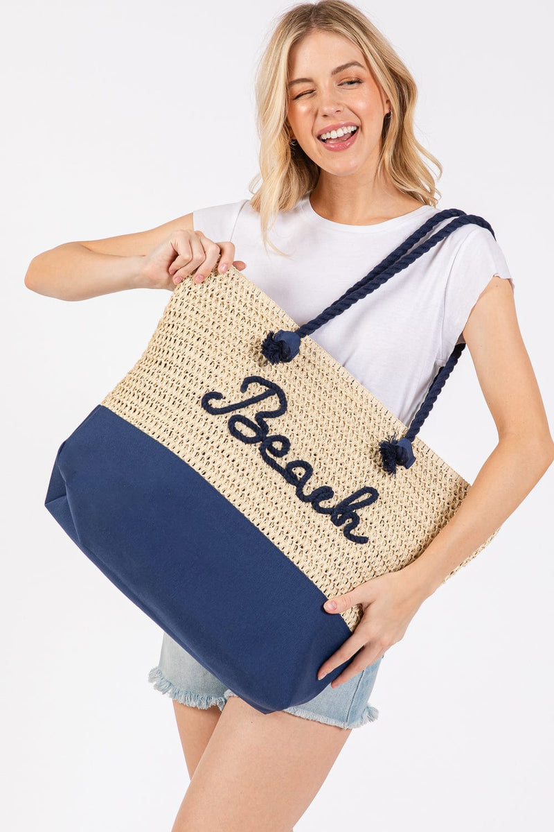 MB0266 Sewn Rope Beach Letter Color Straw Tote Bag - MiMi Wholesale