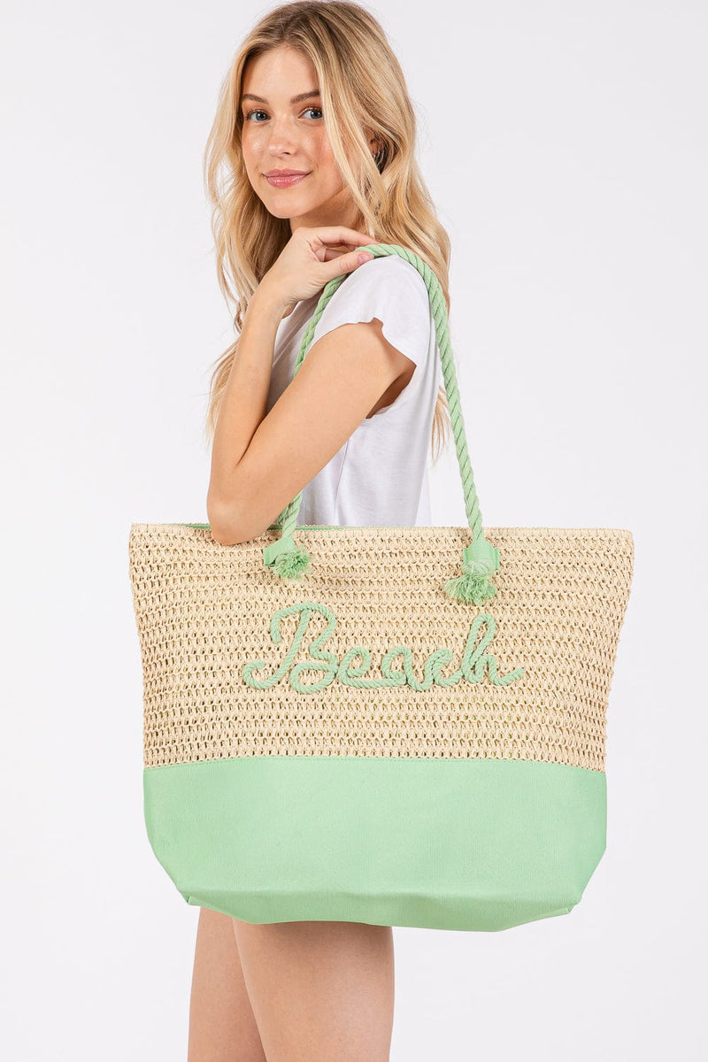 MB0266 Sewn Rope Beach Letter Color Straw Tote Bag - MiMi Wholesale