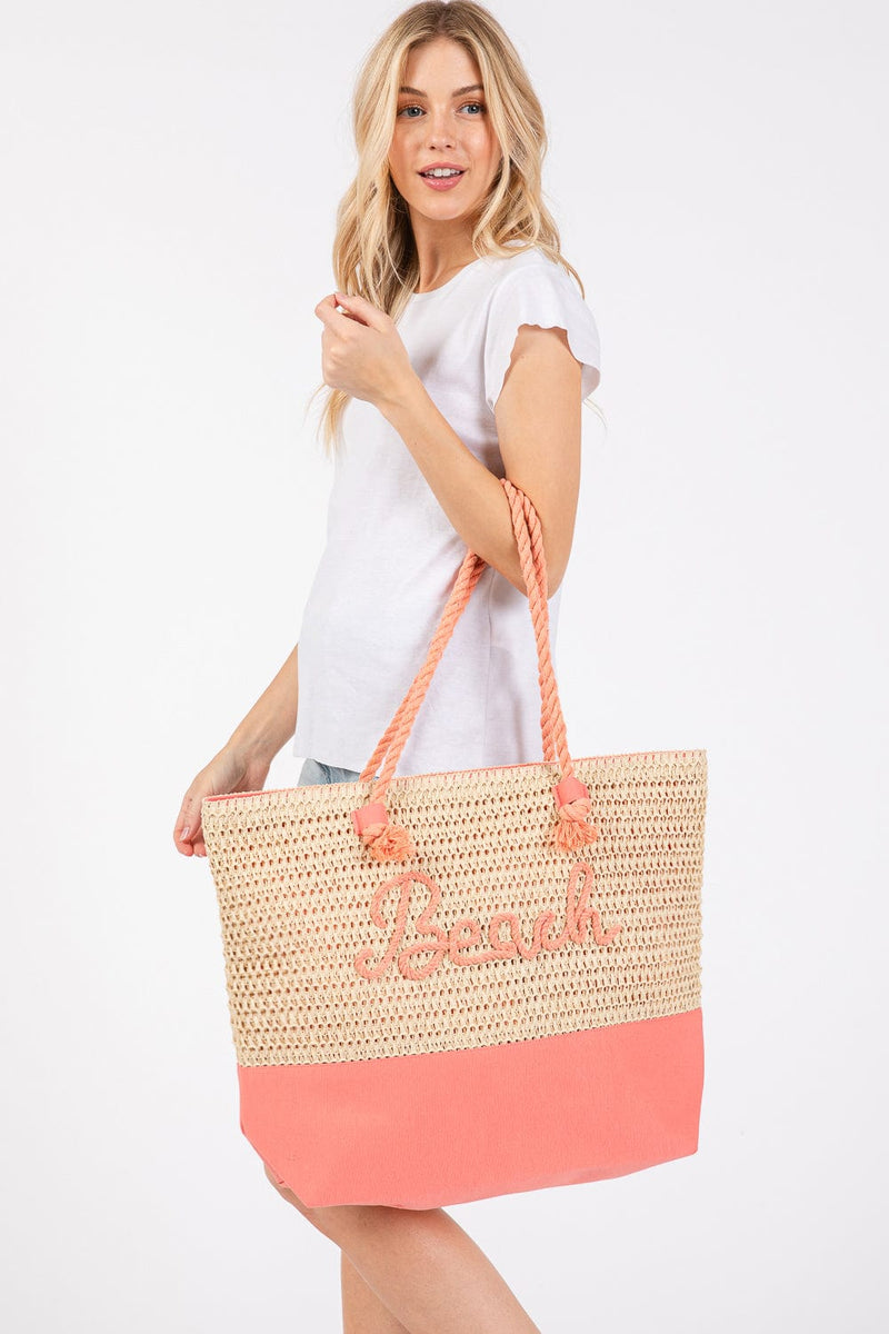 MB0266 Sewn Rope Beach Letter Color Straw Tote Bag - MiMi Wholesale