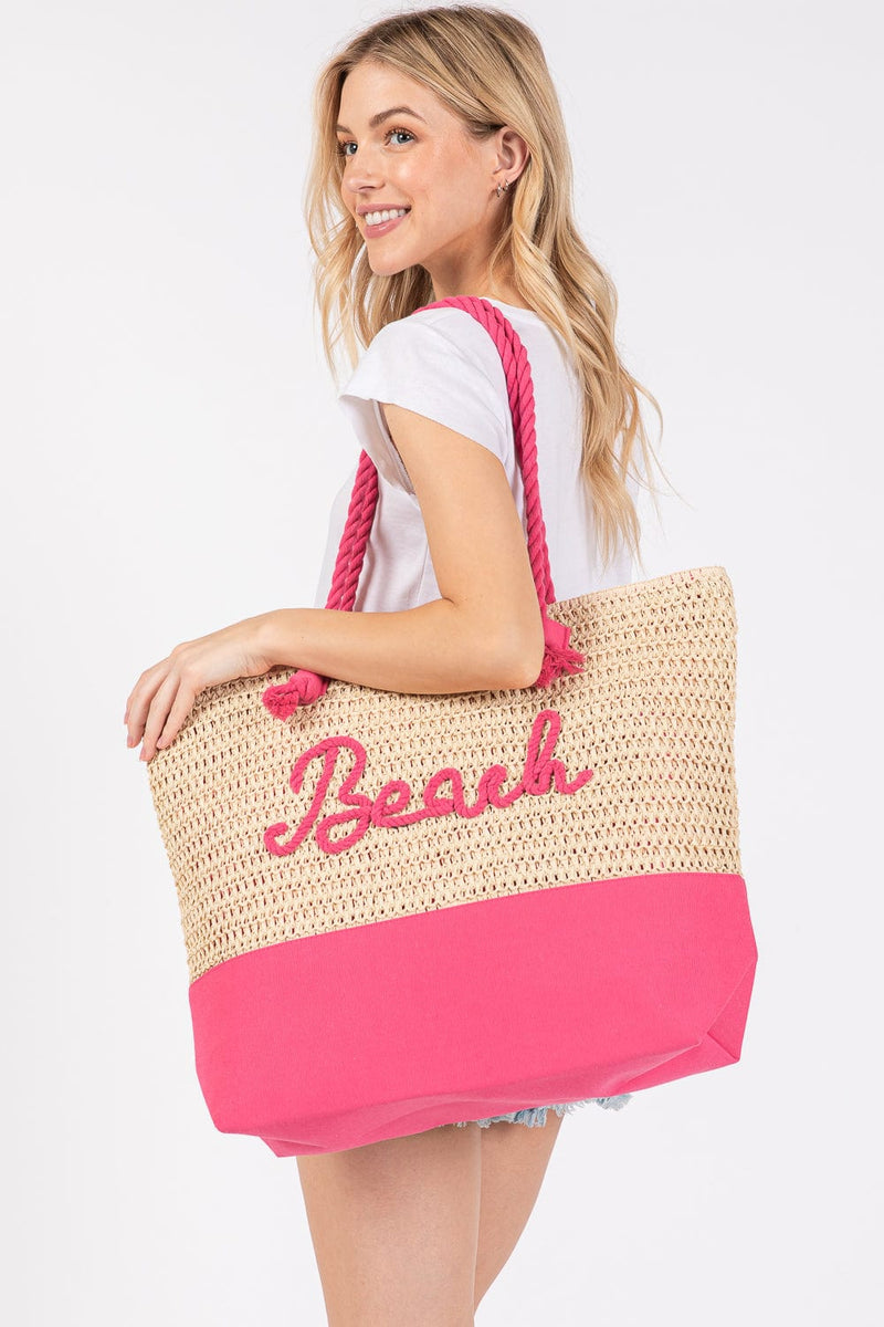 MB0266 Sewn Rope Beach Letter Color Straw Tote Bag - MiMi Wholesale