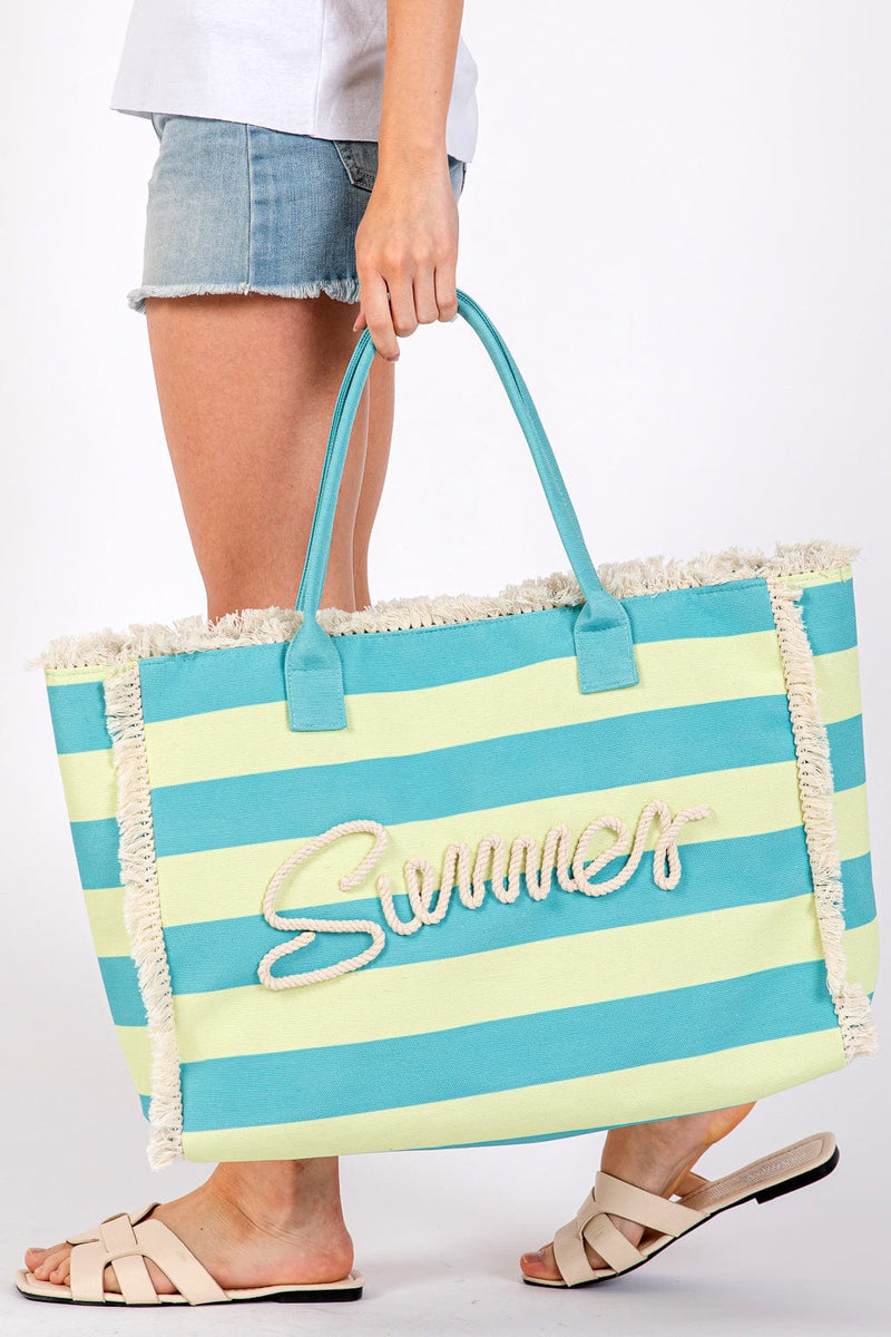 MB0267 Sewn Tope Summer Letter Fringe Striped Tote Bag - MiMi Wholesale