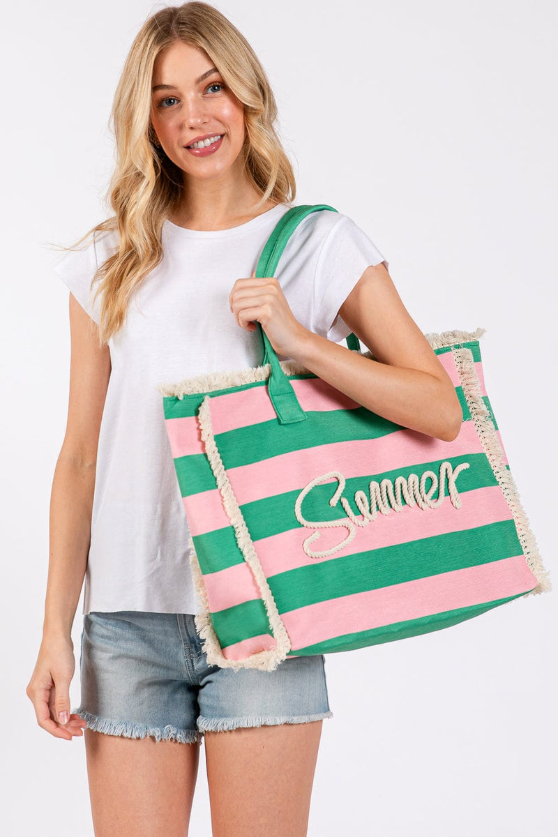 MB0267 Sewn Tope Summer Letter Fringe Striped Tote Bag - MiMi Wholesale