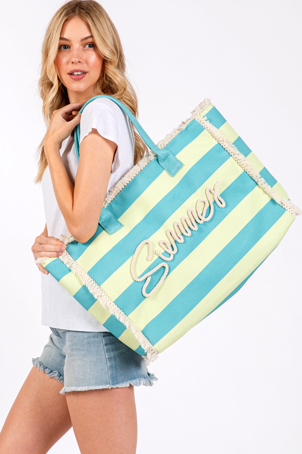 MB0267 Sewn Tope Summer Letter Fringe Striped Tote Bag - MiMi Wholesale