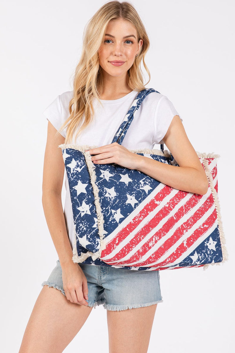 MB0270 American Flag Pattern Fringe Tote Bag - MiMi Wholesale