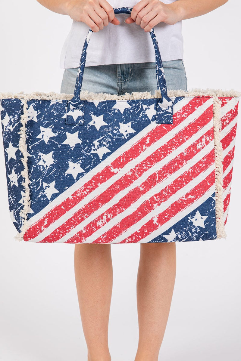 MB0270 American Flag Pattern Fringe Tote Bag - MiMi Wholesale