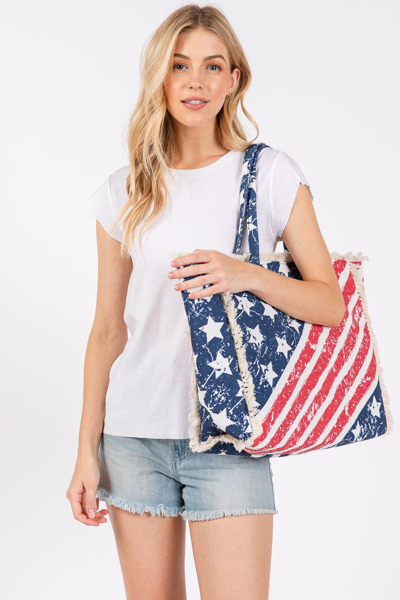 MB0270 American Flag Pattern Fringe Tote Bag - MiMi Wholesale