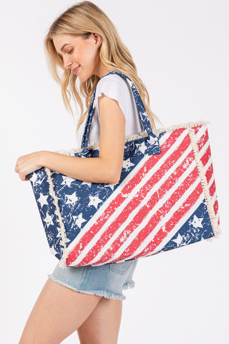 MB0270 American Flag Pattern Fringe Tote Bag - MiMi Wholesale