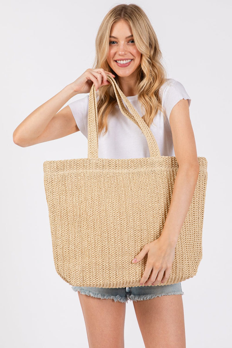 MB0271 Solid Crochet Straw Tote Bag - MiMi Wholesale