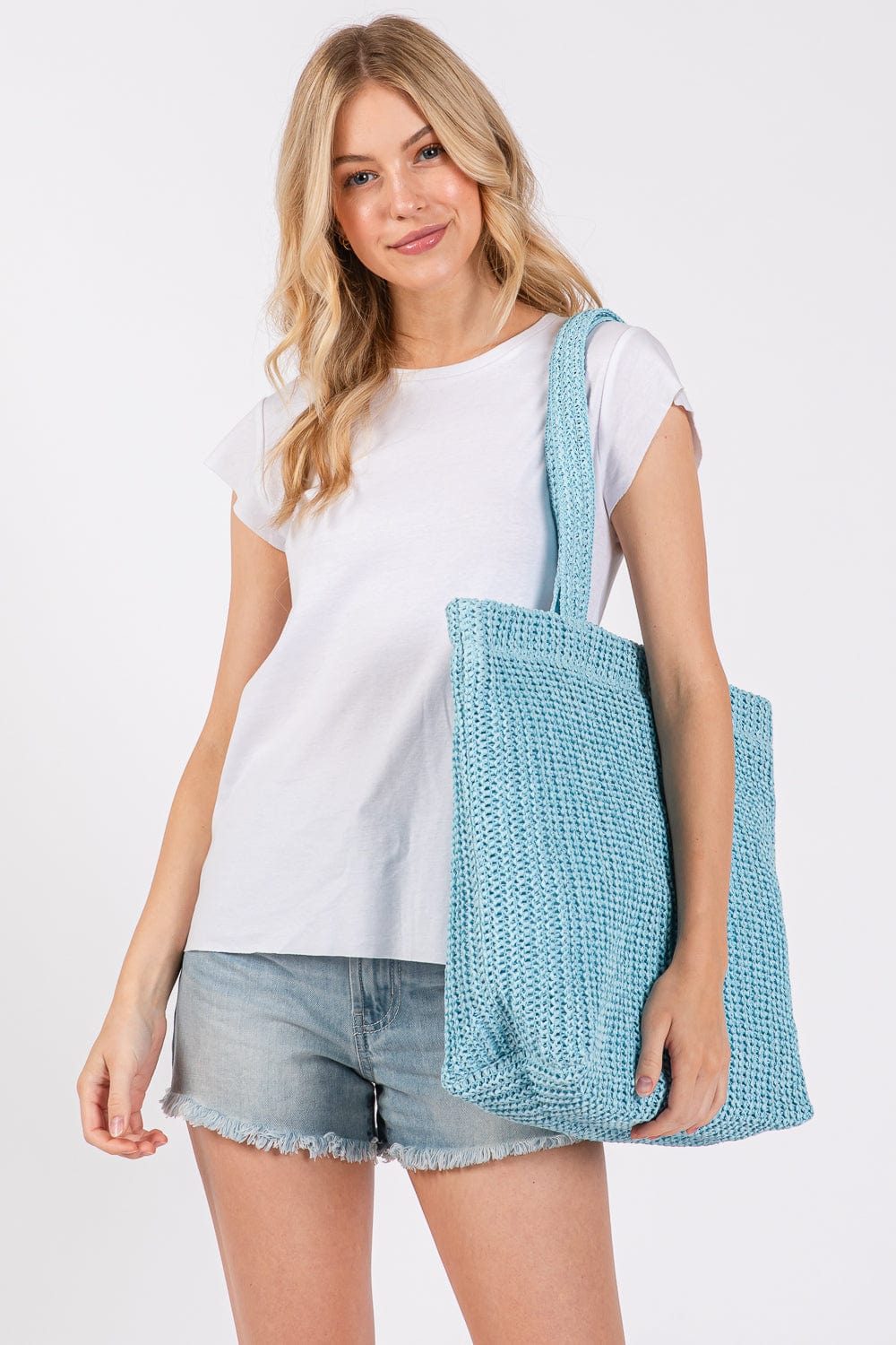 MB0271 Solid Crochet Straw Tote Bag - MiMi Wholesale