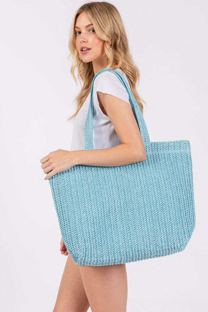 MB0271 Solid Crochet Straw Tote Bag - MiMi Wholesale