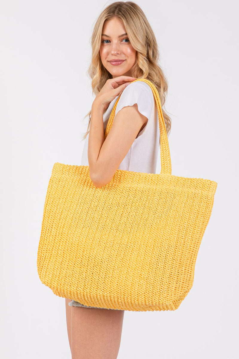 MB0271 Solid Crochet Straw Tote Bag - MiMi Wholesale