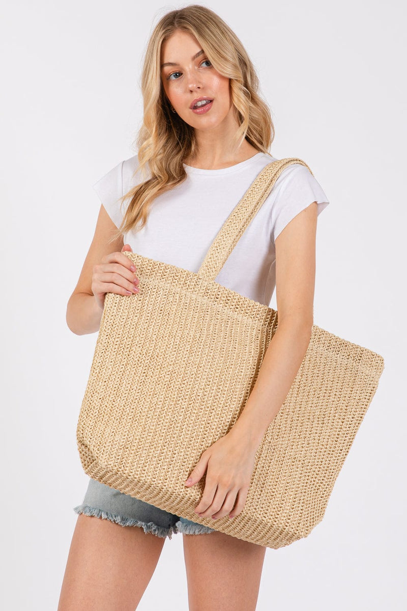 MB0271 Solid Crochet Straw Tote Bag - MiMi Wholesale