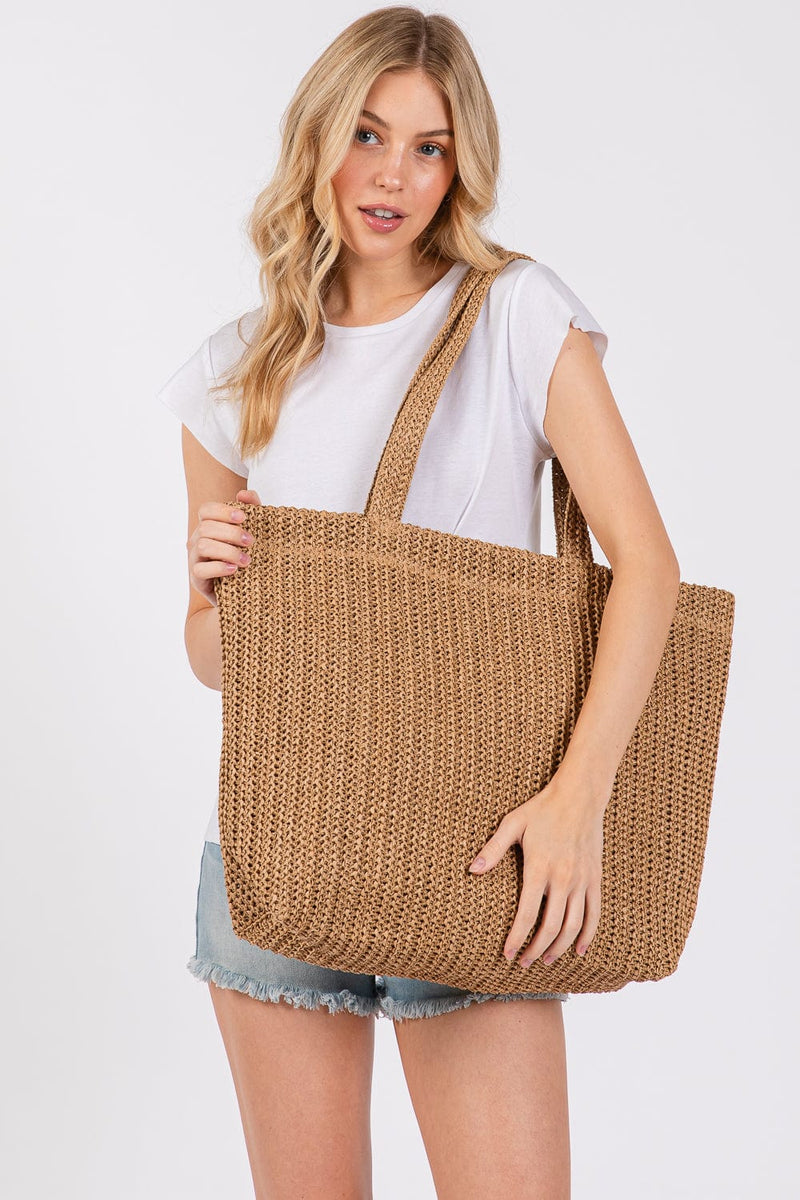 MB0271 Solid Crochet Straw Tote Bag - MiMi Wholesale