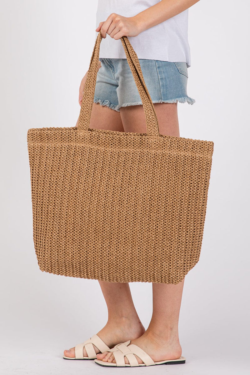 MB0271 Solid Crochet Straw Tote Bag - MiMi Wholesale