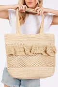 MB0272 Ruffle Detail Crochet Straw Tote Bag - MiMi Wholesale