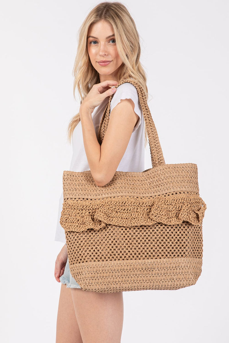 MB0272 Ruffle Detail Crochet Straw Tote Bag - MiMi Wholesale