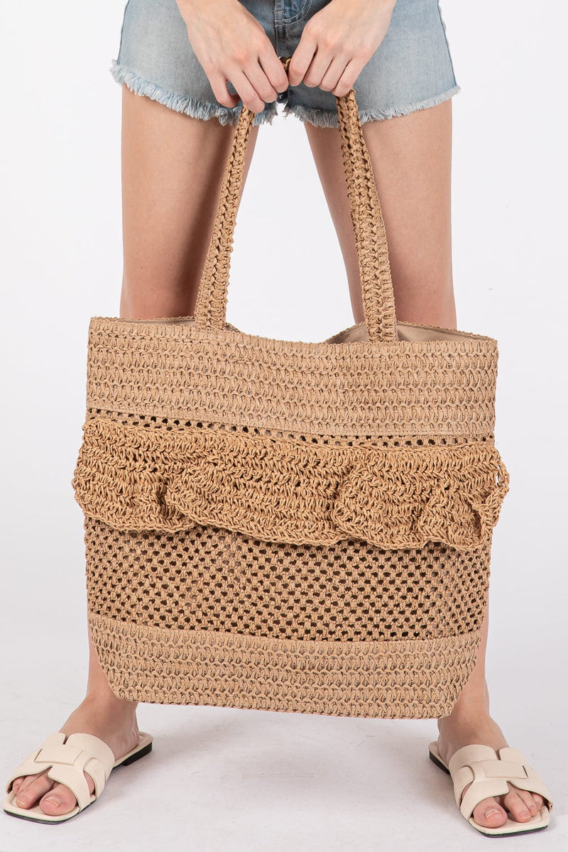 MB0272 Ruffle Detail Crochet Straw Tote Bag - MiMi Wholesale