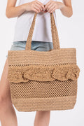 MB0272 Ruffle Detail Crochet Straw Tote Bag - MiMi Wholesale