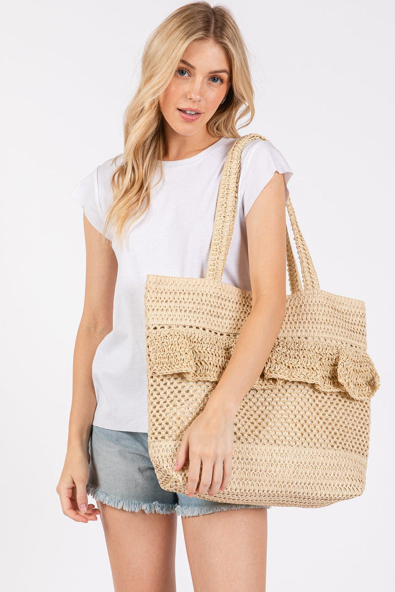 MB0272 Ruffle Detail Crochet Straw Tote Bag - MiMi Wholesale