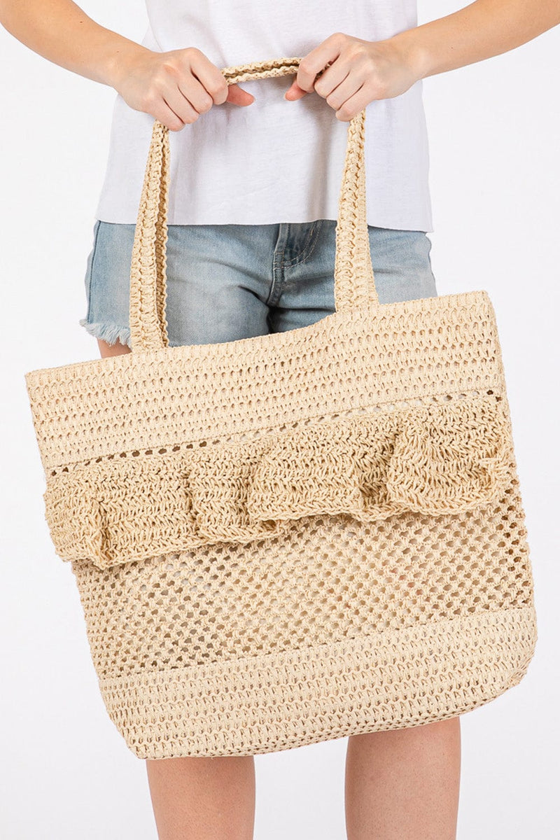 MB0272 Ruffle Detail Crochet Straw Tote Bag - MiMi Wholesale