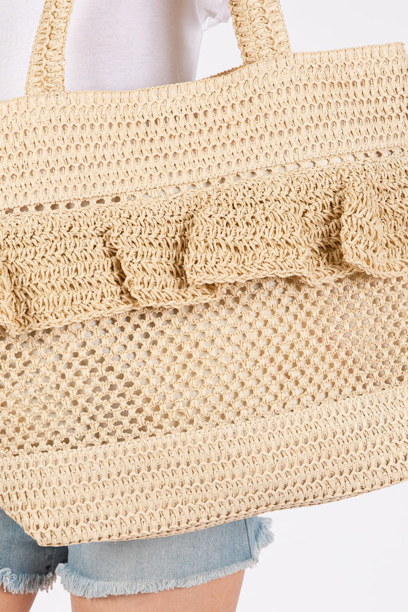 MB0272 Ruffle Detail Crochet Straw Tote Bag - MiMi Wholesale