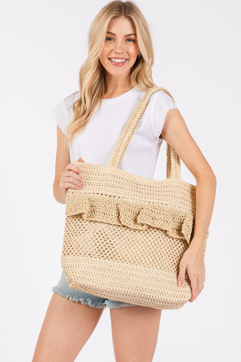 MB0272 Ruffle Detail Crochet Straw Tote Bag - MiMi Wholesale