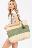 MB0273 Two Tone Woven Straw Tote Bag - MiMi Wholesale