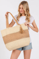 MB0273 Two Tone Woven Straw Tote Bag - MiMi Wholesale