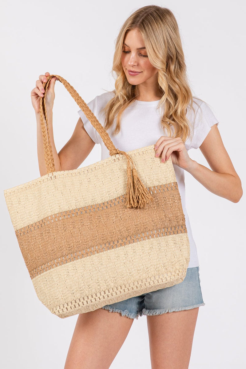 MB0273 Two Tone Woven Straw Tote Bag - MiMi Wholesale
