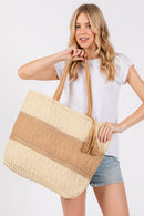 MB0273 Two Tone Woven Straw Tote Bag - MiMi Wholesale