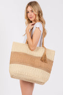 MB0273 Two Tone Woven Straw Tote Bag - MiMi Wholesale