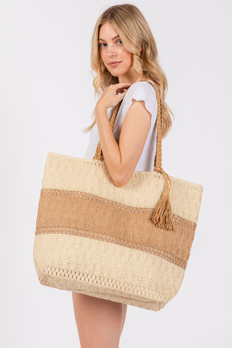 MB0273 Two Tone Woven Straw Tote Bag - MiMi Wholesale