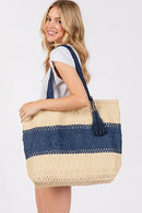 MB0273 Two Tone Woven Straw Tote Bag - MiMi Wholesale