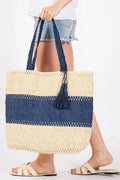 MB0273 Two Tone Woven Straw Tote Bag - MiMi Wholesale