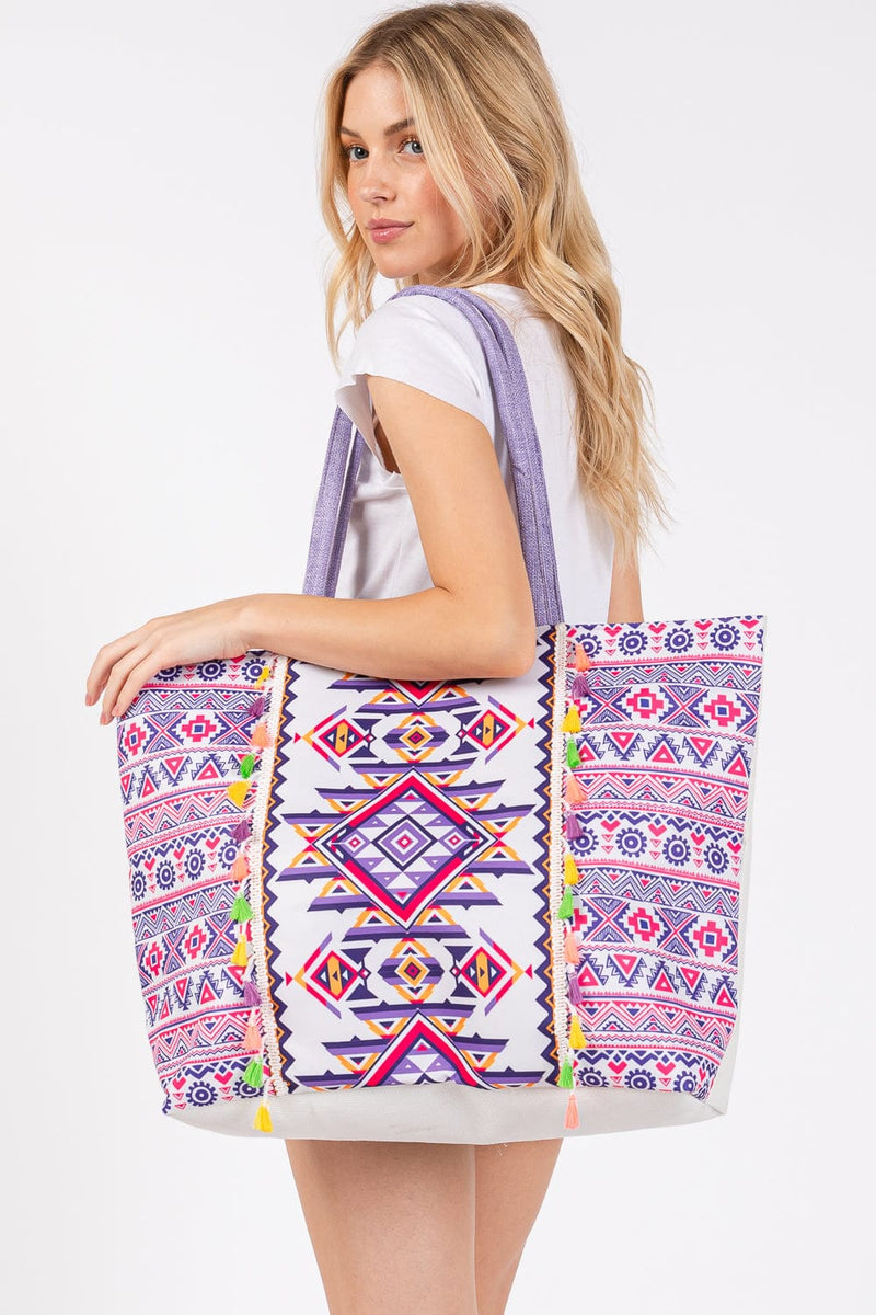 MB0300 Aztec Print Tassel Tote Bag - MiMi Wholesale