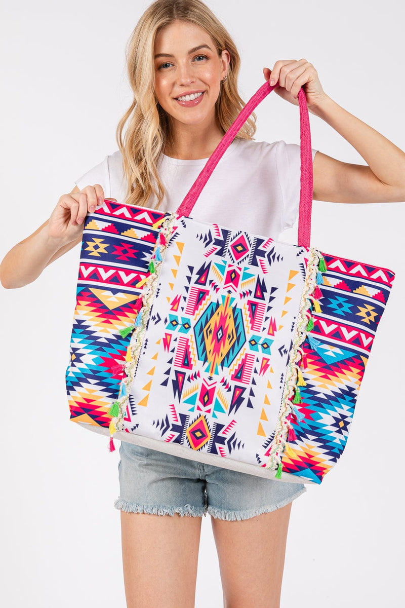 MB0301 Aztec Print Fringe Tote Bag - MiMi Wholesale