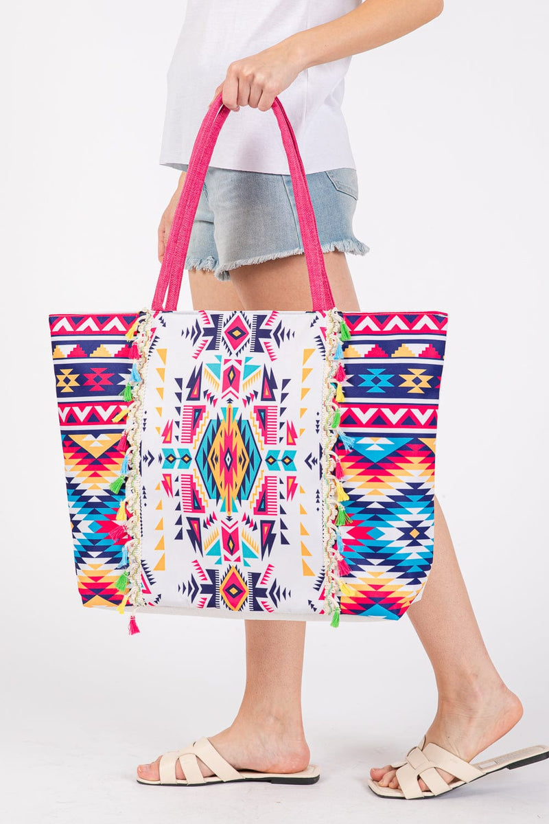 MB0301 Aztec Print Fringe Tote Bag - MiMi Wholesale