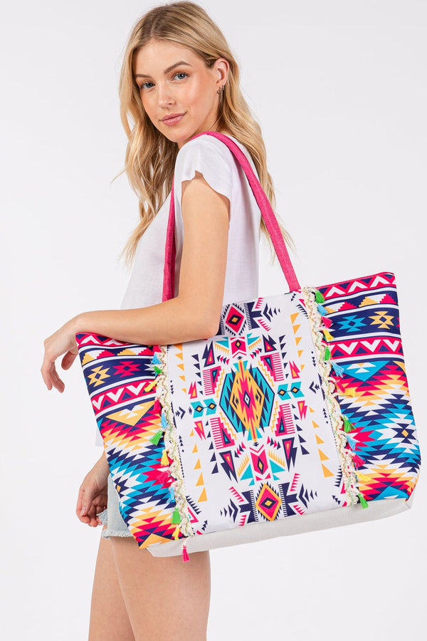 MB0301 Aztec Print Fringe Tote Bag - MiMi Wholesale