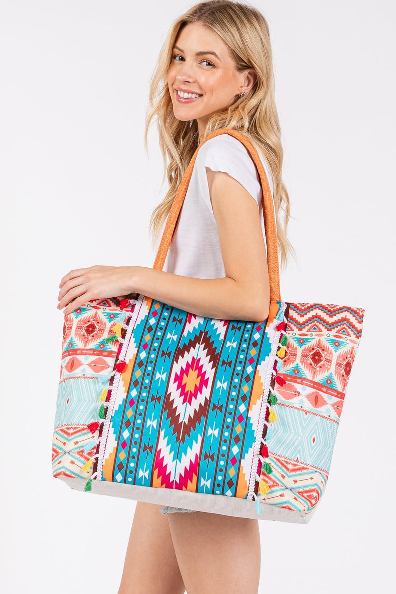 MB0302 Brianne Aztec Print Fringe Tote Bag - MiMi Wholesale