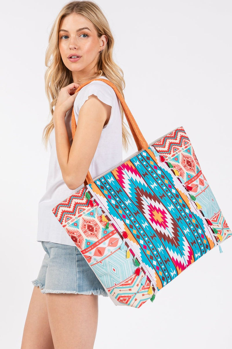 MB0302 Brianne Aztec Print Fringe Tote Bag - MiMi Wholesale